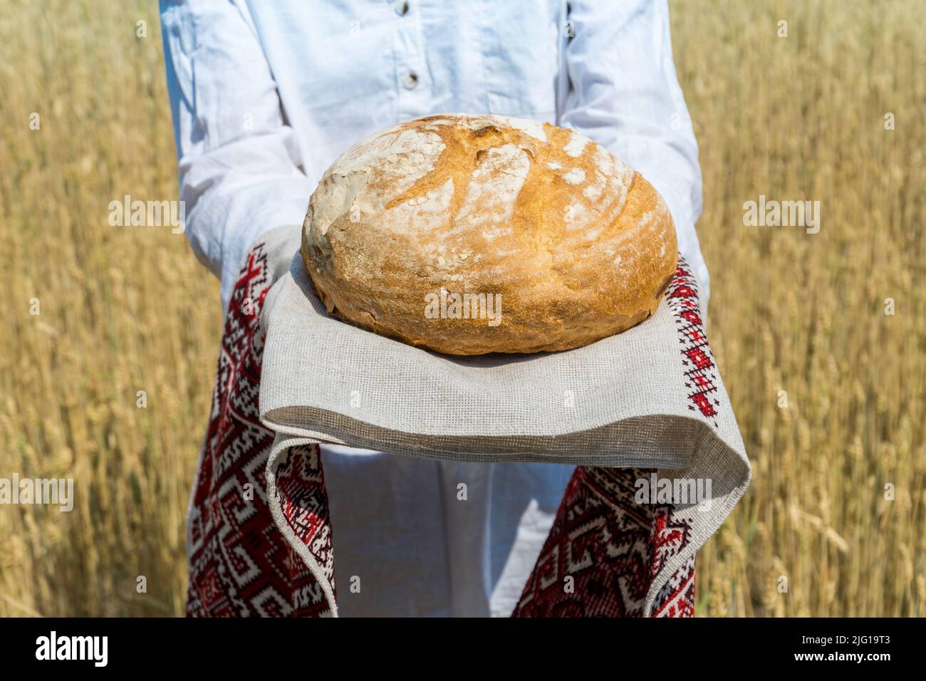 Female hands holding home baked bread loaf above her head over a blue summer sky in a wheat field. Hospitality and food supply concept. Stock Photo