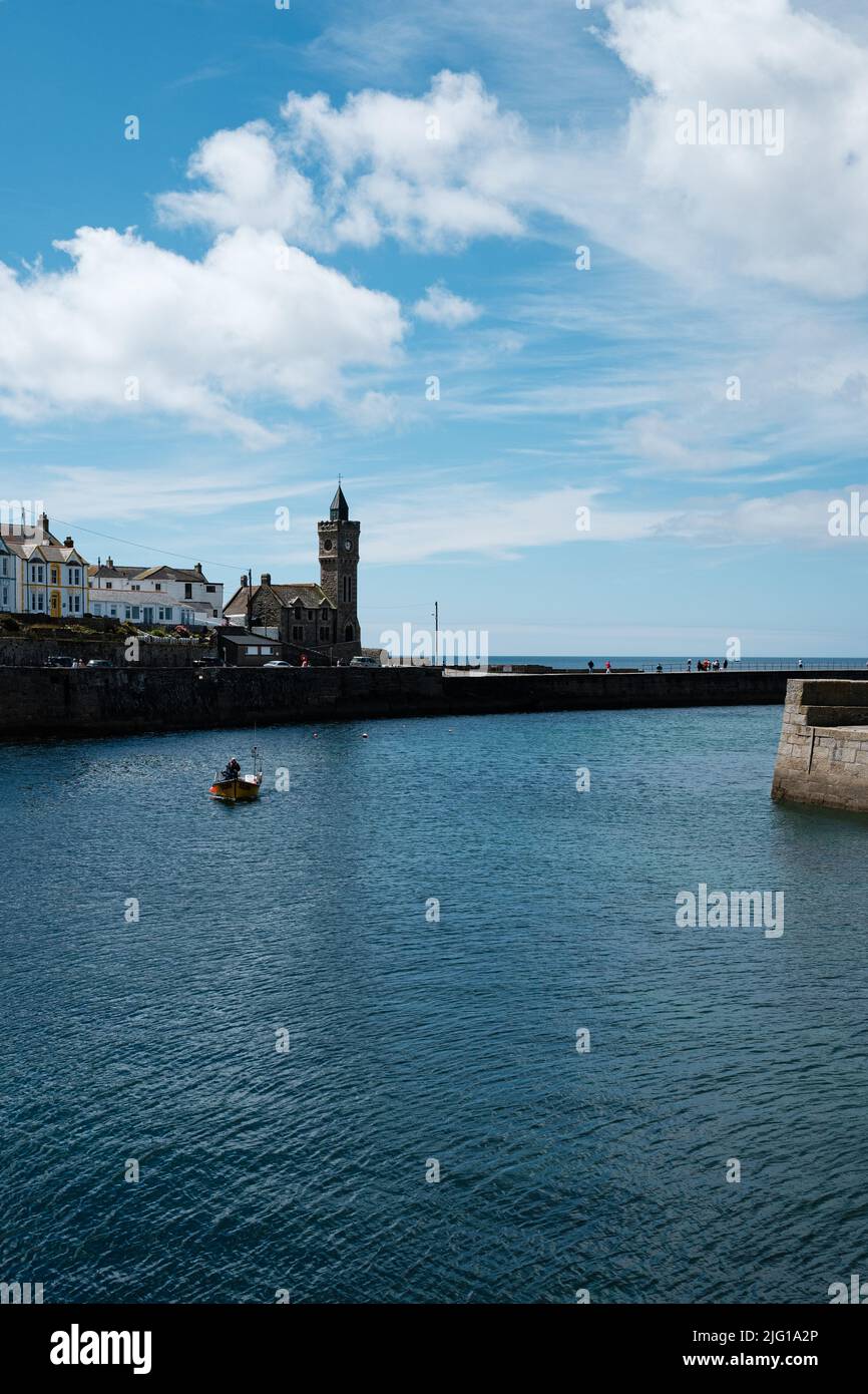 Fishing boat entering Porthleven Harbour after a morning fishing Stock ...