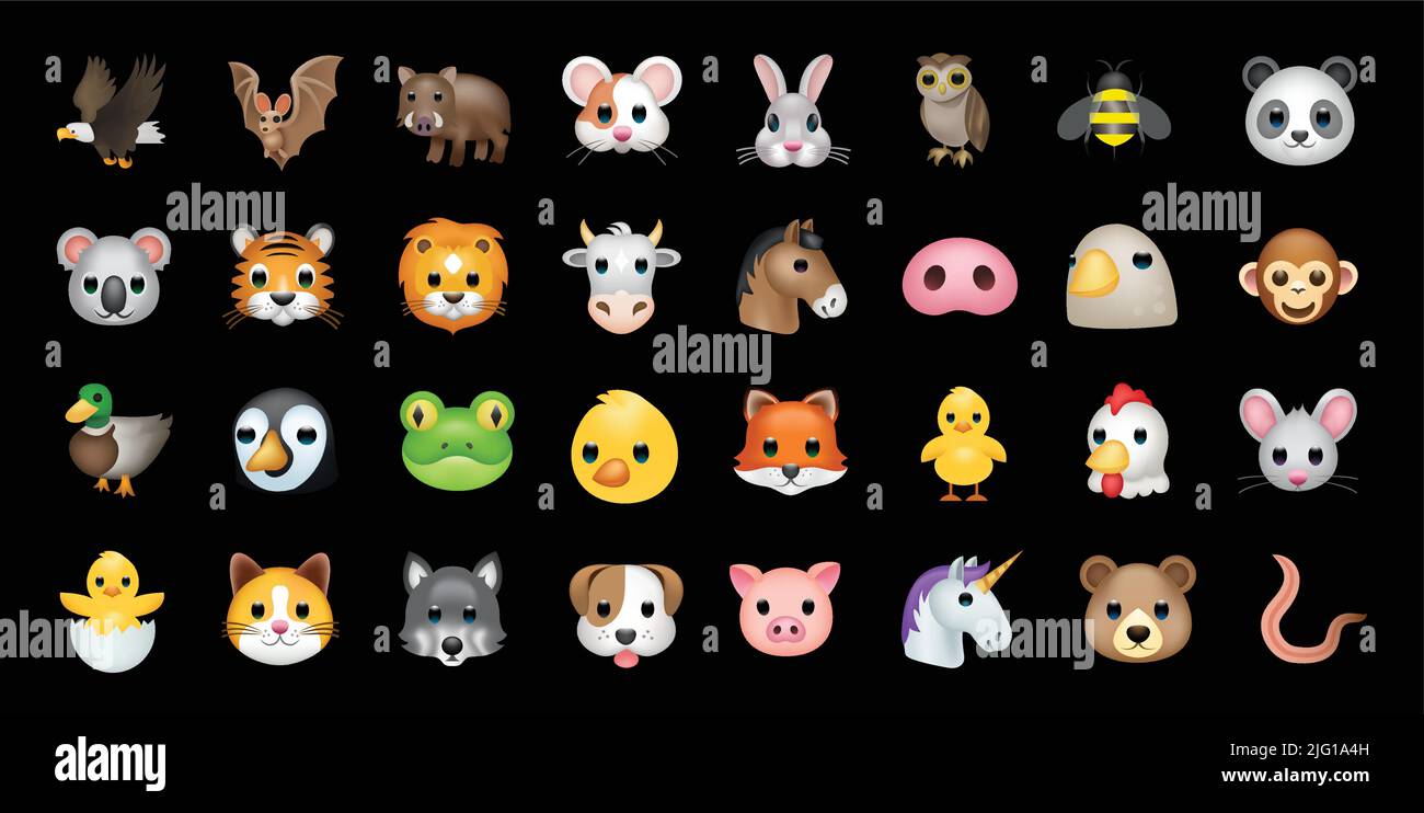 Set of animal faces, face emojis, stickers, emoticons Stock Vector