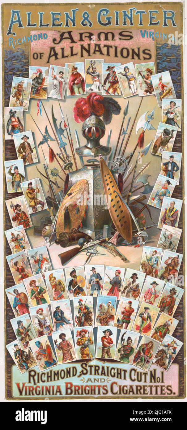 1890 ad for Allen & Ginter Richmond Straight Cut and Virginia Brights cigarettes, Arms of All Nations. Lithograph by George S. Harris and Sons Stock Photo