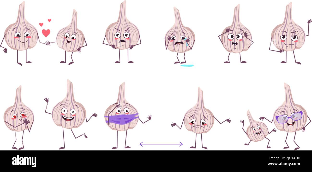 Set of cute garlic characters with emotions, funny and sad faces, arms and legs. Happy heroes in love, vegetables play, dance, keep their distance. Source of vitamins. Vector flat illustration Stock Vector