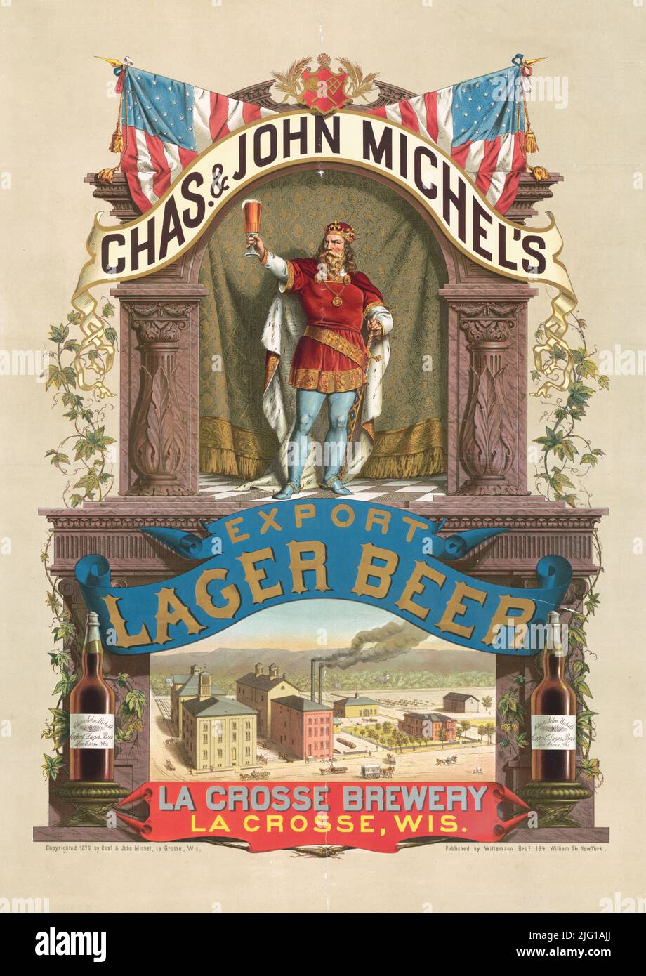 1879 ad for Charles & John Michel’s export lager beer, La Crosse brewery, Wisconsin. Lithograph by Wittemann Bros Stock Photo