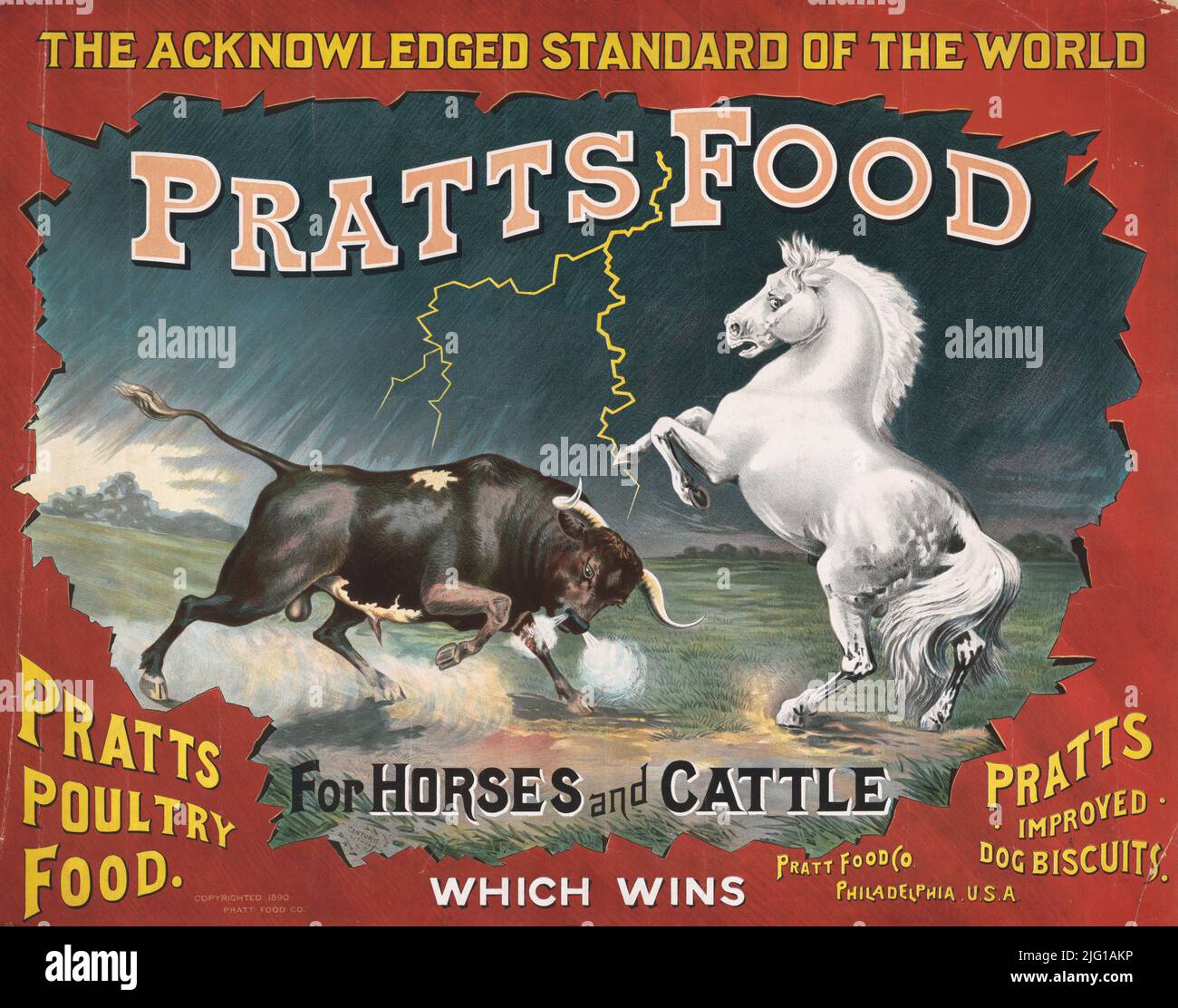 1890 ad for Pratts Food for horse and cattle, pultry food, dog biscuits, Philadelphia, Pennsylvania. Lithograph by Century Lith Co Stock Photo