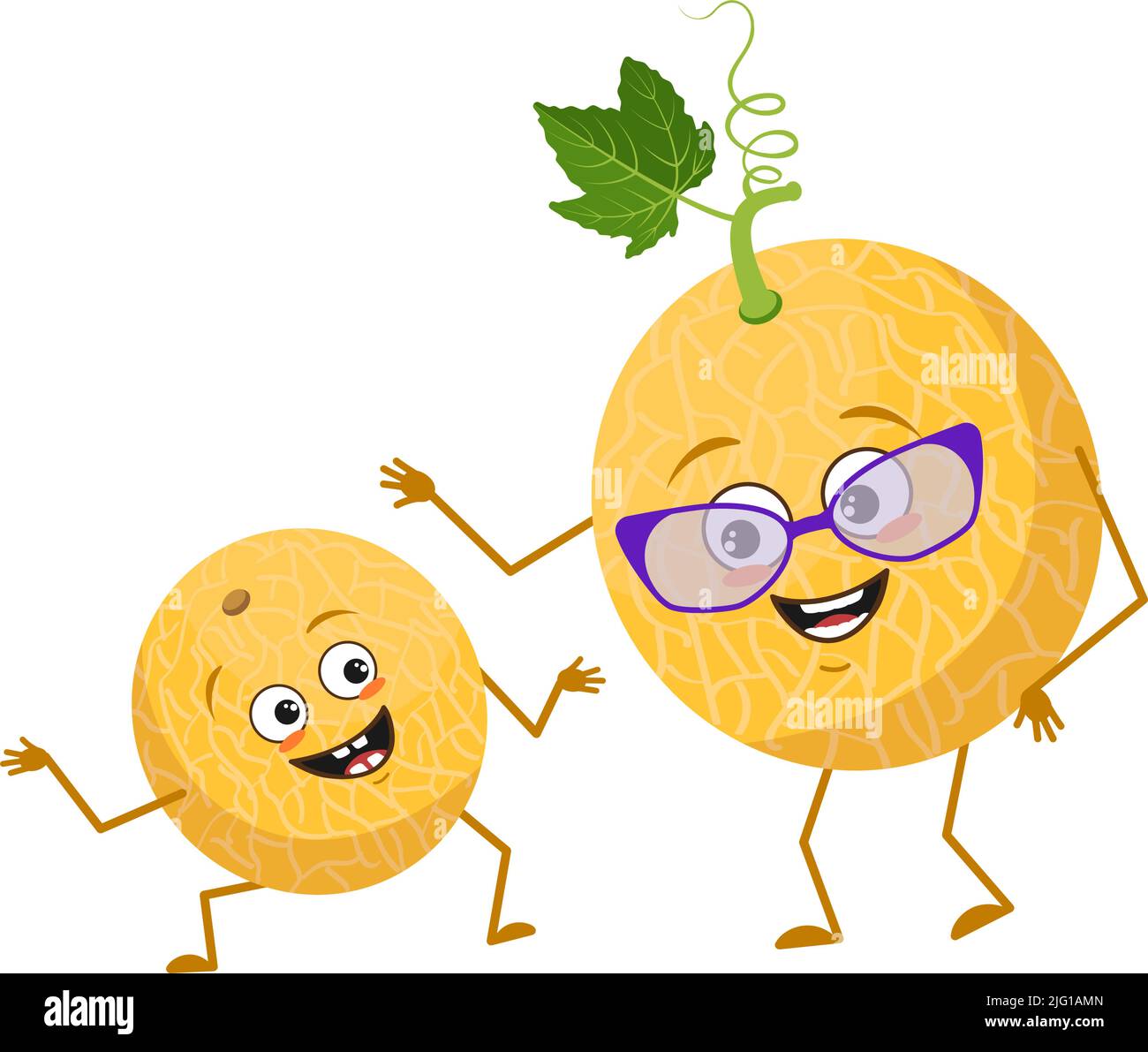 Cute melon characters with emotions, face. Funny grandmother with glasses and dancing grandson with arms and legs. The happy hero, fruit with eyes. Vector flat illustration Stock Vector