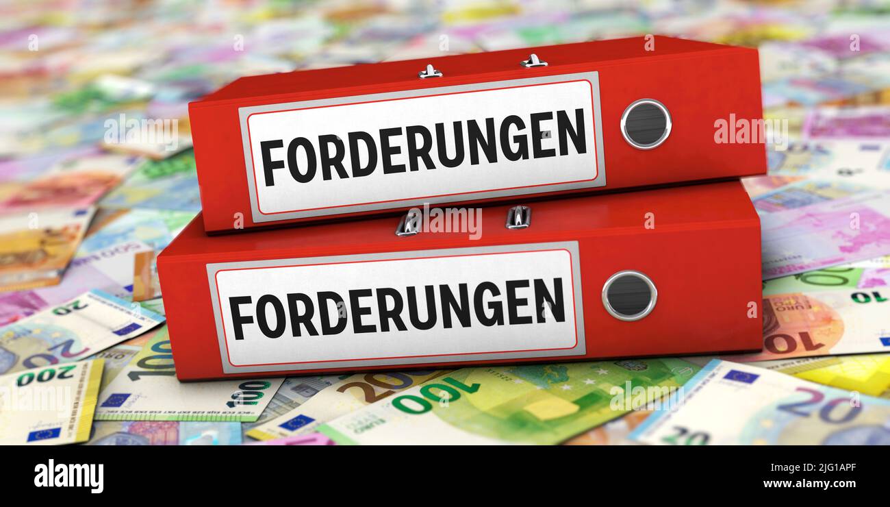 Many Euro banknotes and two file folders with words 'receivables' (in German) Stock Photo