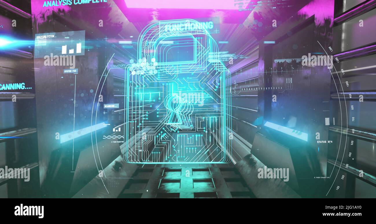 Security padlock icon and data processing against glowing tunnel Stock Photo