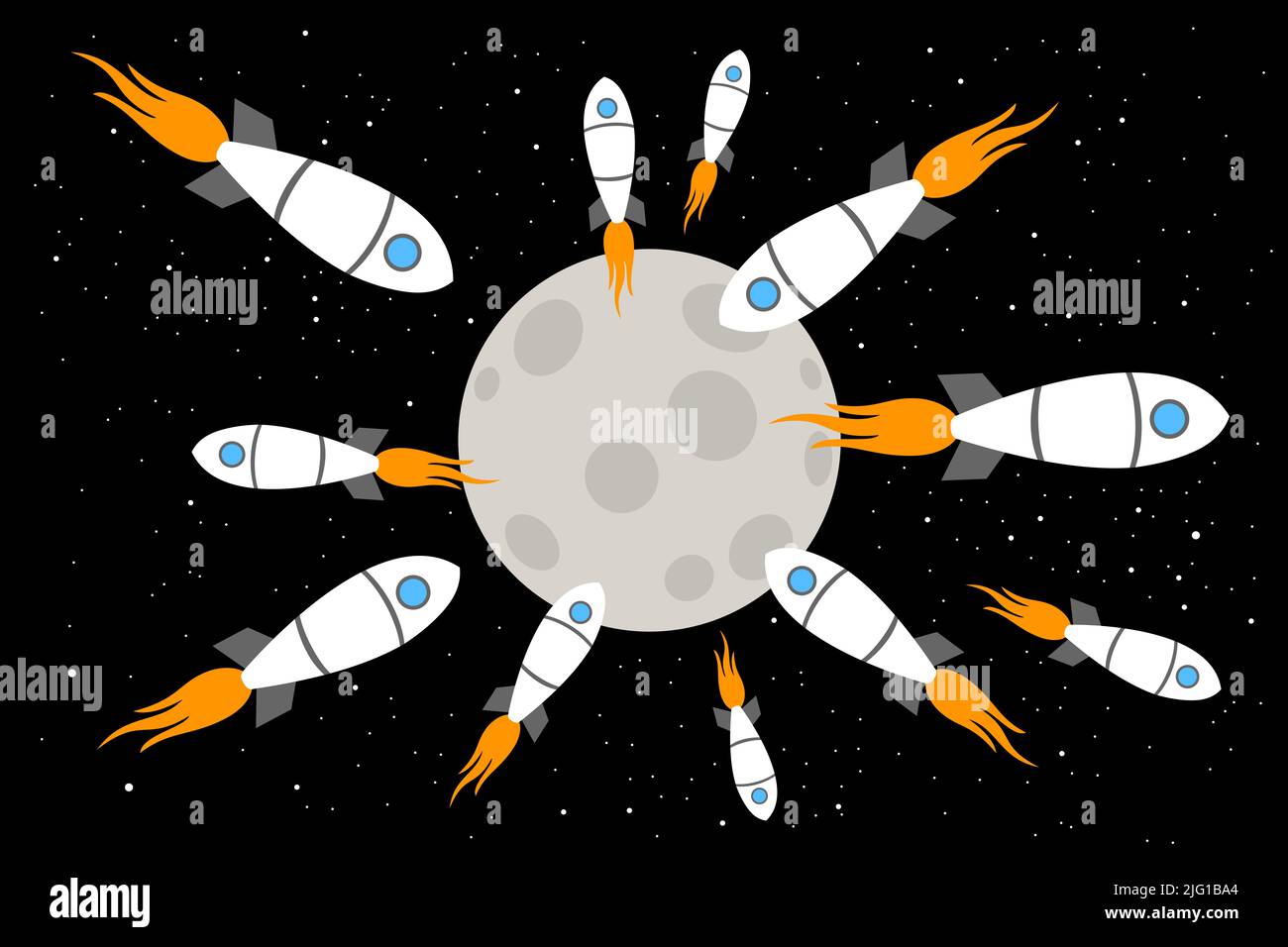 Heavy traffic to the Moon - mass space tourism in the cosmos and universe. Rocket and spacecraft are landing on the lunar land. Vector illustration. Stock Photo