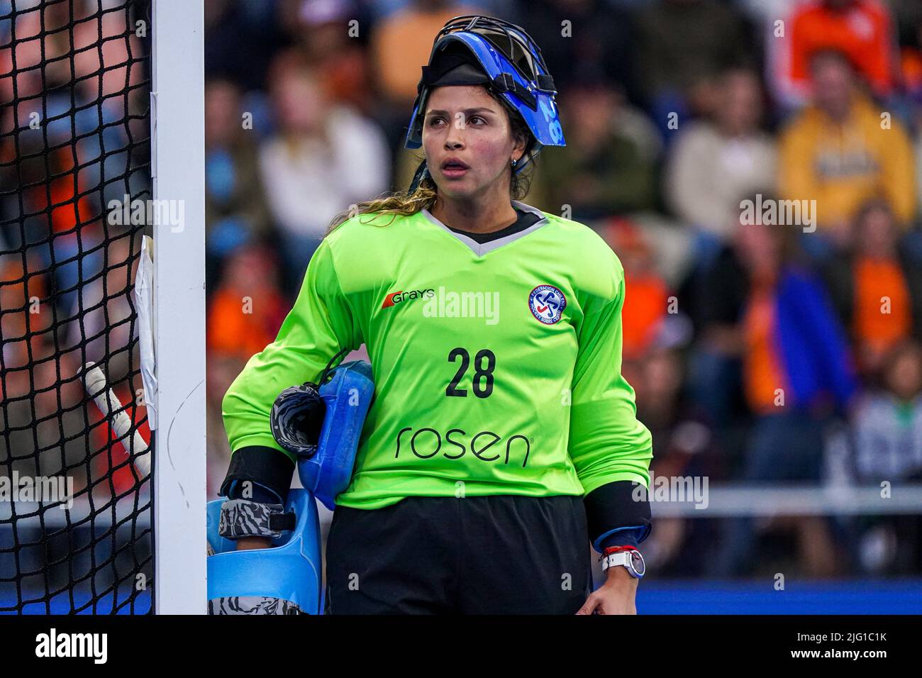 AMSTELVEEN, NETHERLANDS - JULY 6: Goalkeeper Natalia Salvador of Chile during the FIH Hockey Women's World Cup 2022 match between Netherlands and Chile at the Wagener Hockey Stadium on July 6, 2022 in Amstelveen, Netherlands (Photo by Jeroen Meuwsen/Orange Pictures) Stock Photo
