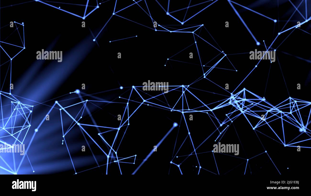 Blue and red background. Motion. A bright background on which there is an animation in which various parts with molecules and branches from them move Stock Photo