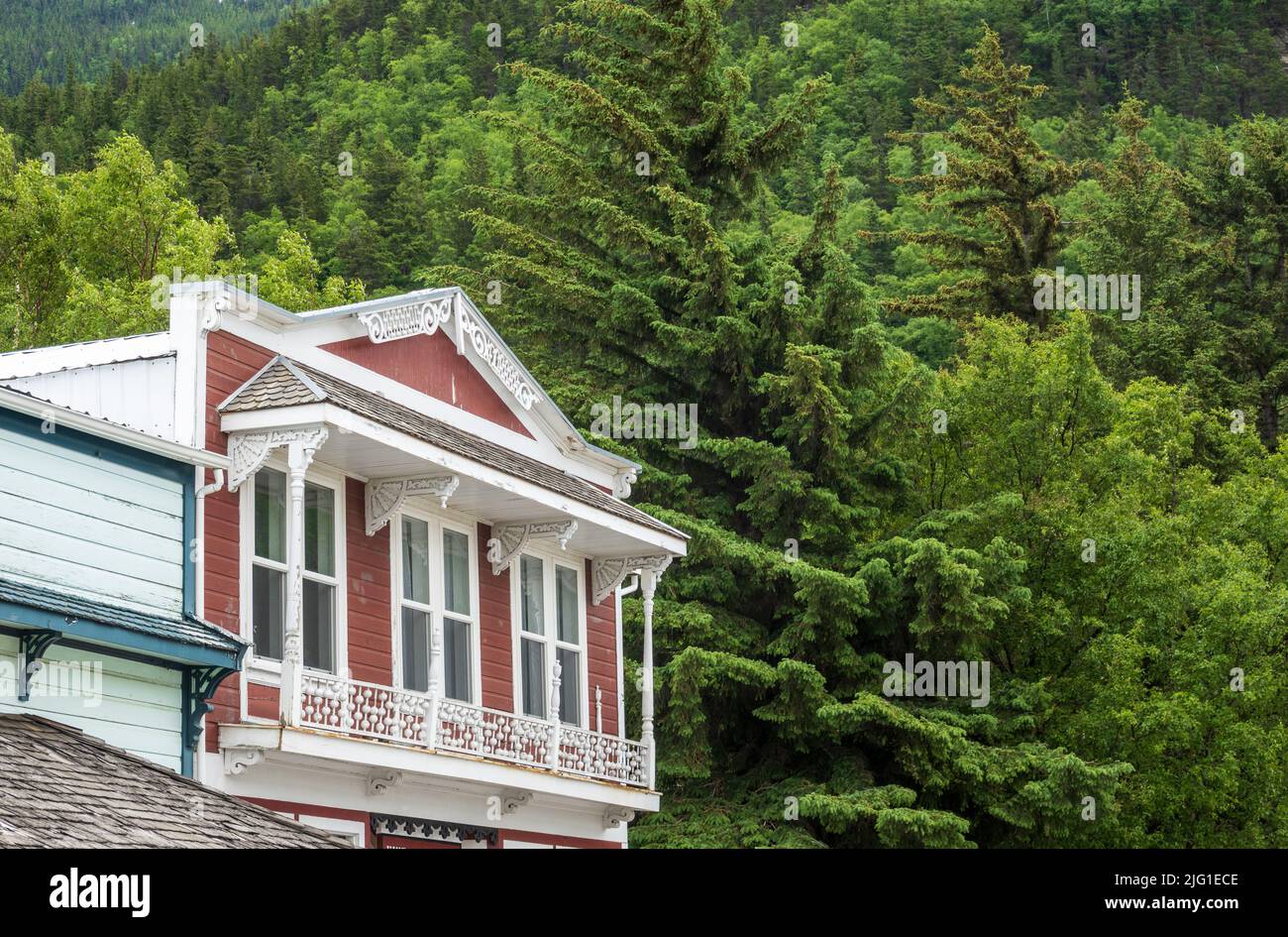 Historic wooden home or store balcony in Alaskan town of Skagway Stock Photo