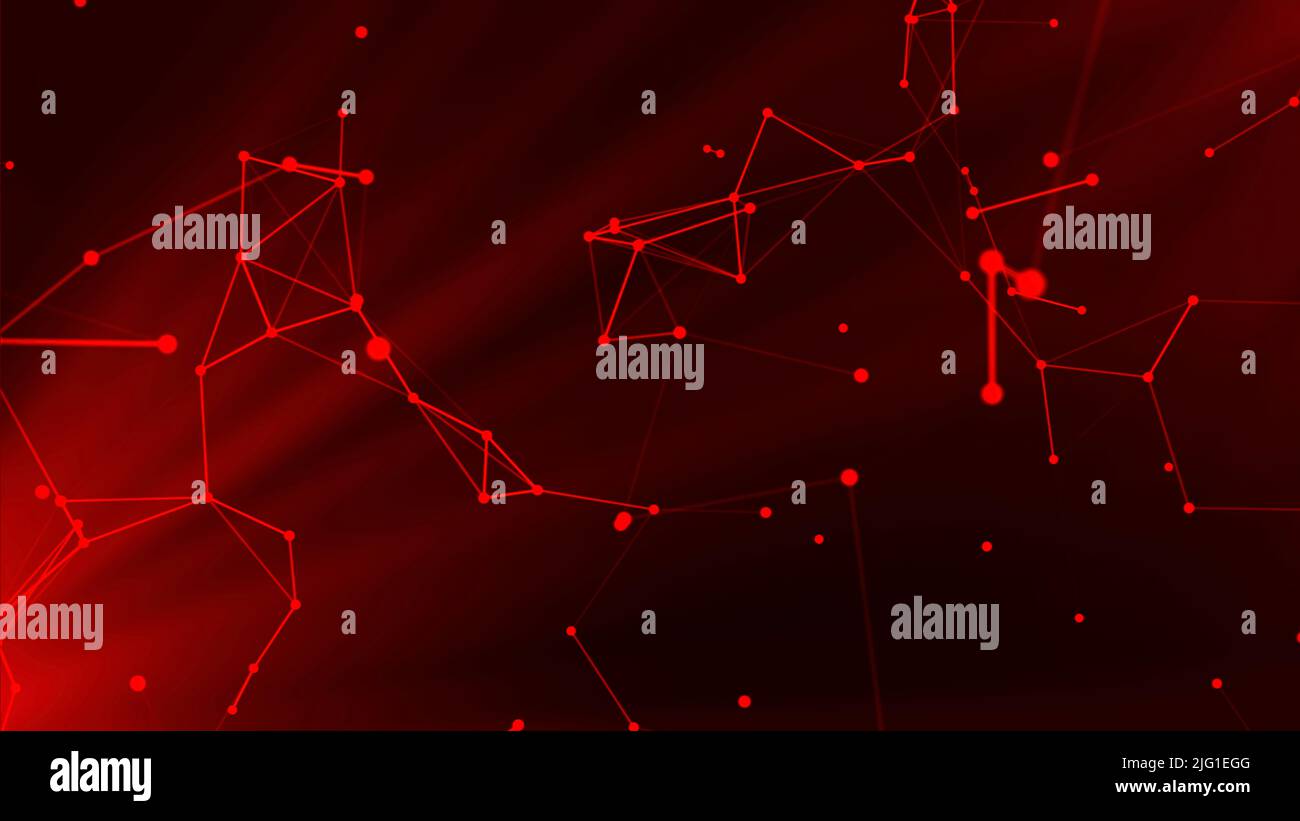 Blue and red background. Motion. A bright background on which there is an animation in which various parts with molecules and branches from them move Stock Photo