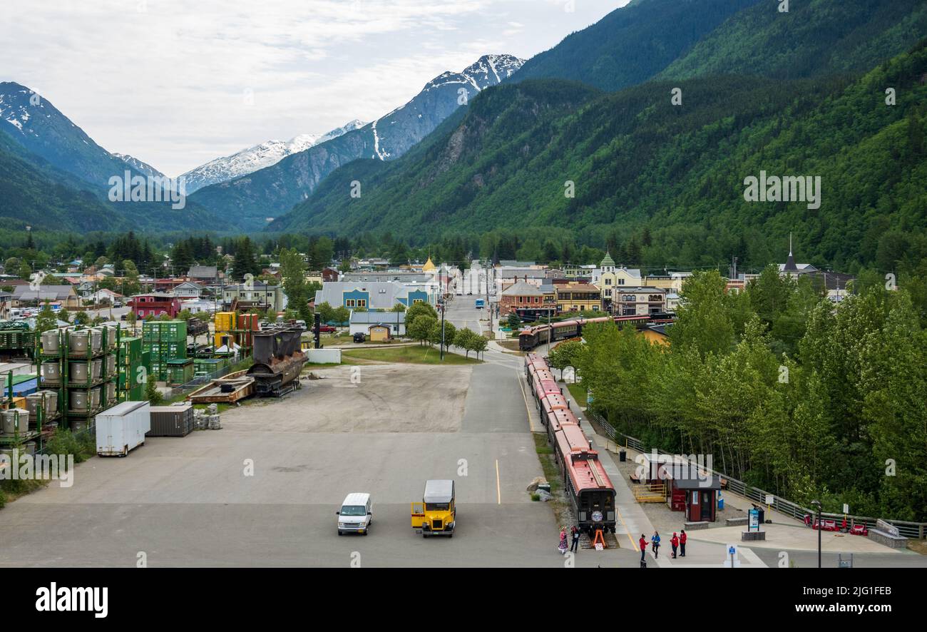 Skagway, AK - 6 June 2022: White pass tourist train in small Alaskan town of Skagway Stock Photo