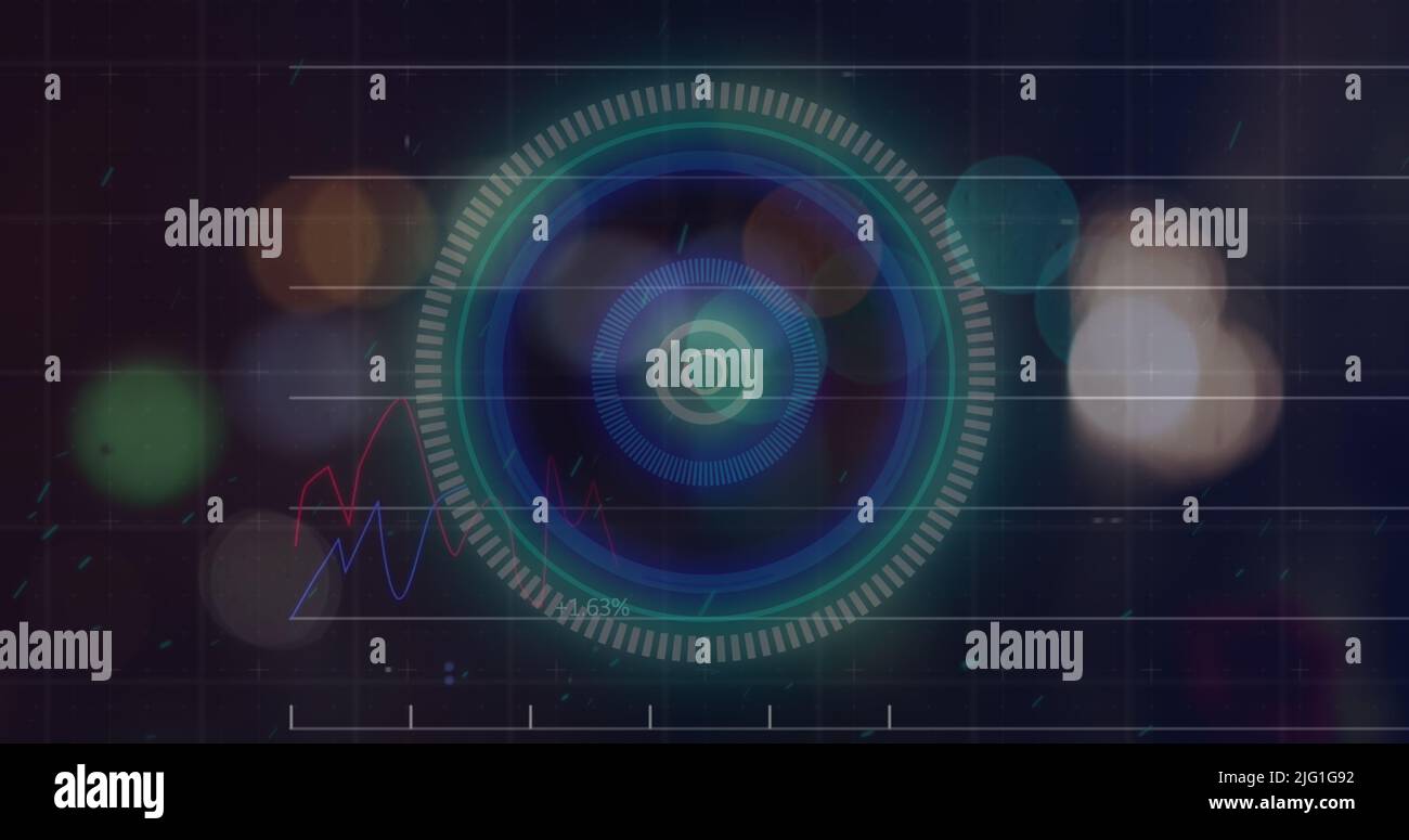 Image of blurred traffic lights over processing circle and dark space Stock Photo