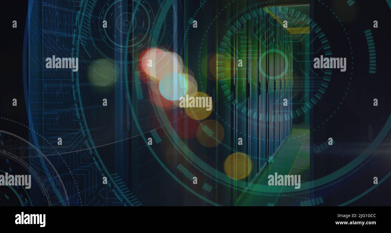 Image of blurred traffic lights over processing circle and dark space Stock Photo