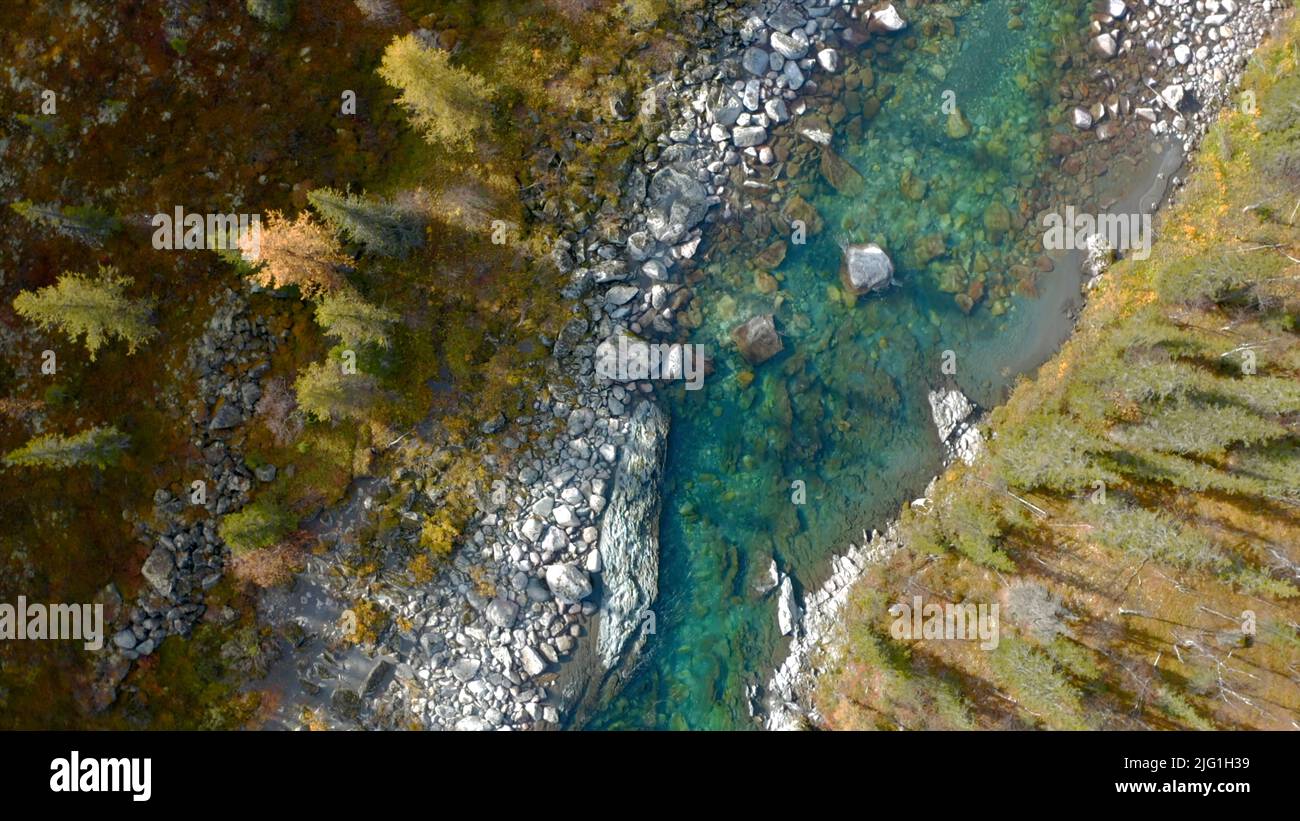 Top down view of a turquoise river in the wild area. Action. Bird eye ...