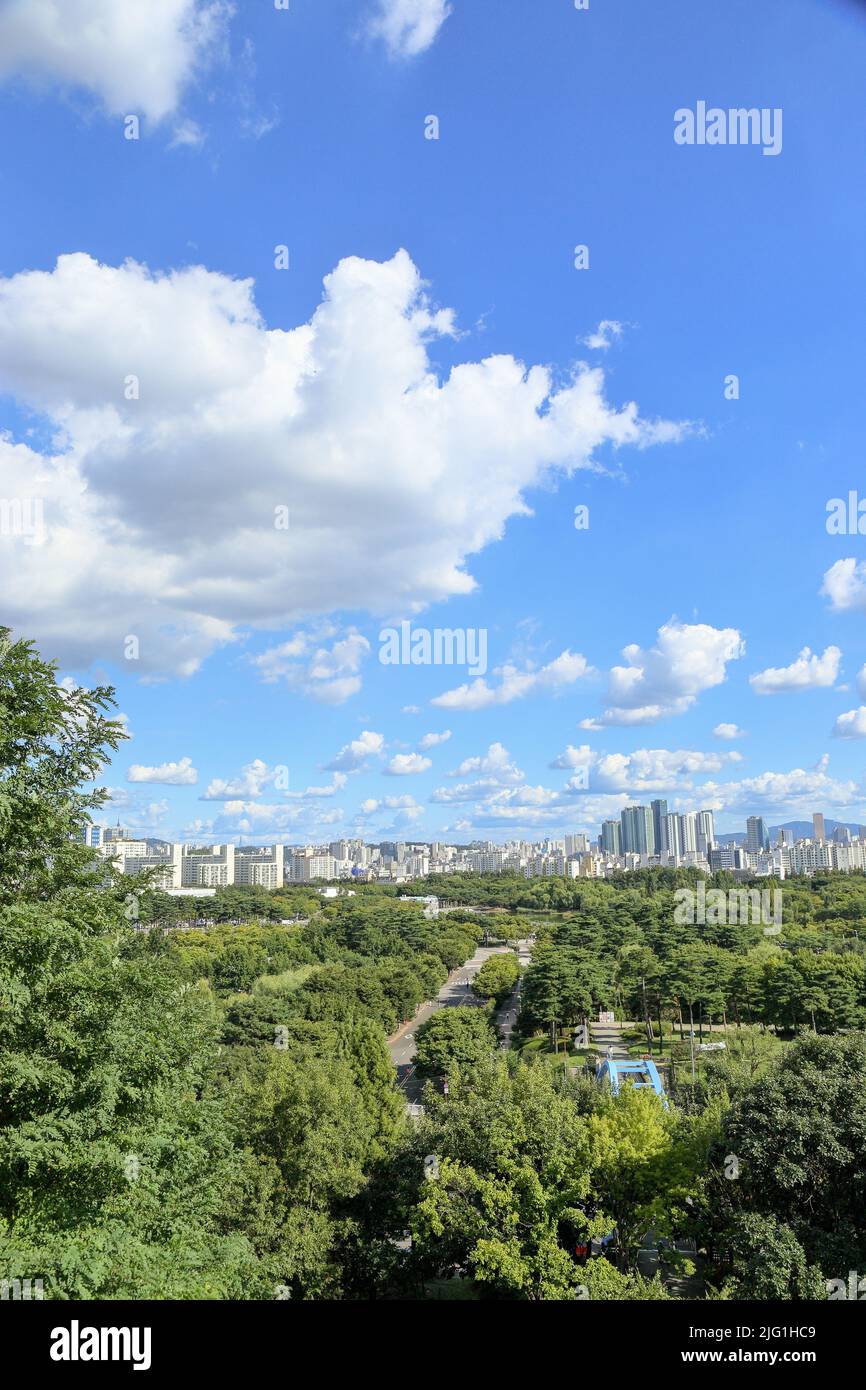 Seoul, Korea on a refreshing fall afternoon with crowded buildings at a distance Stock Photo