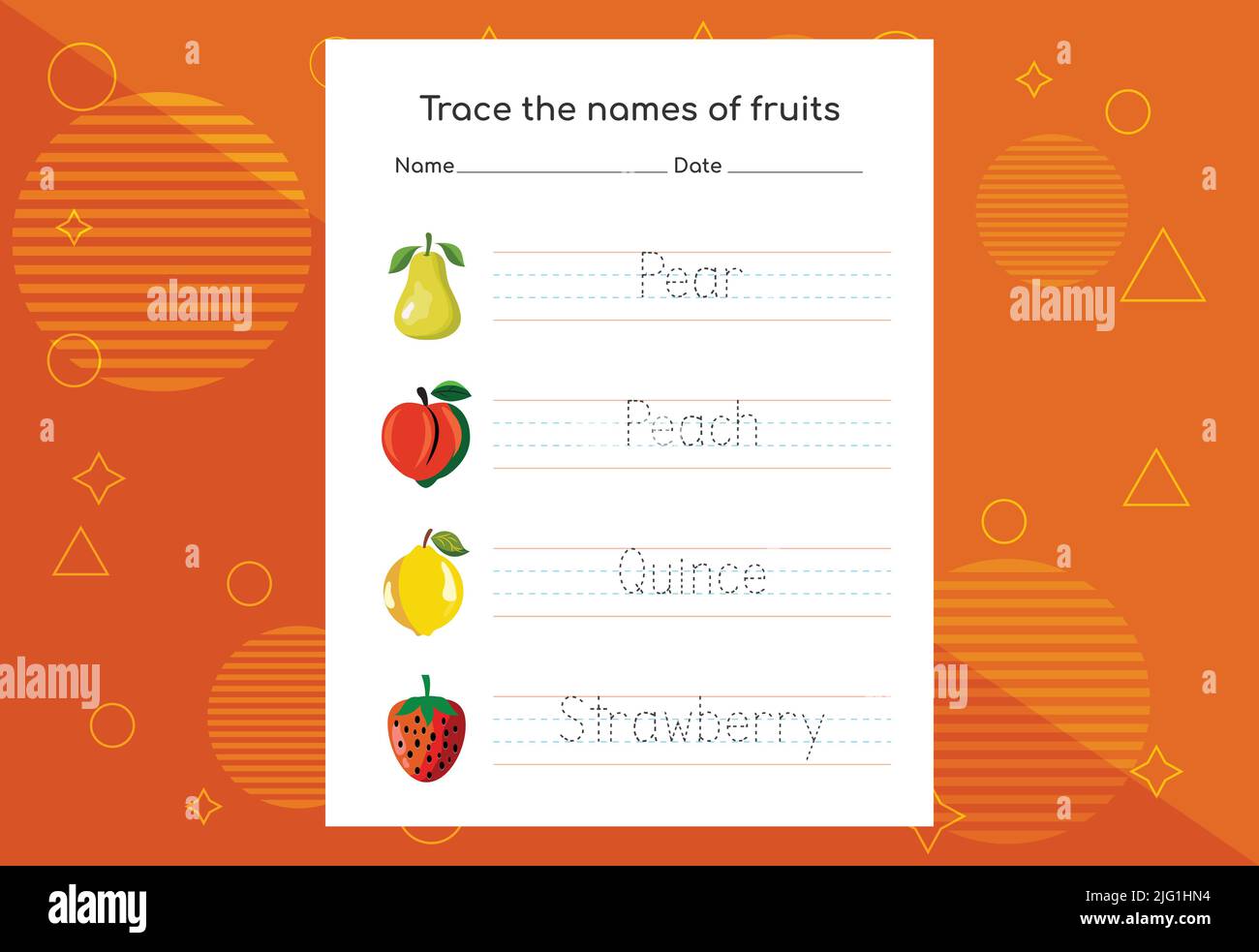 Trace the names of fruits. Handwriting practice for preschool kids