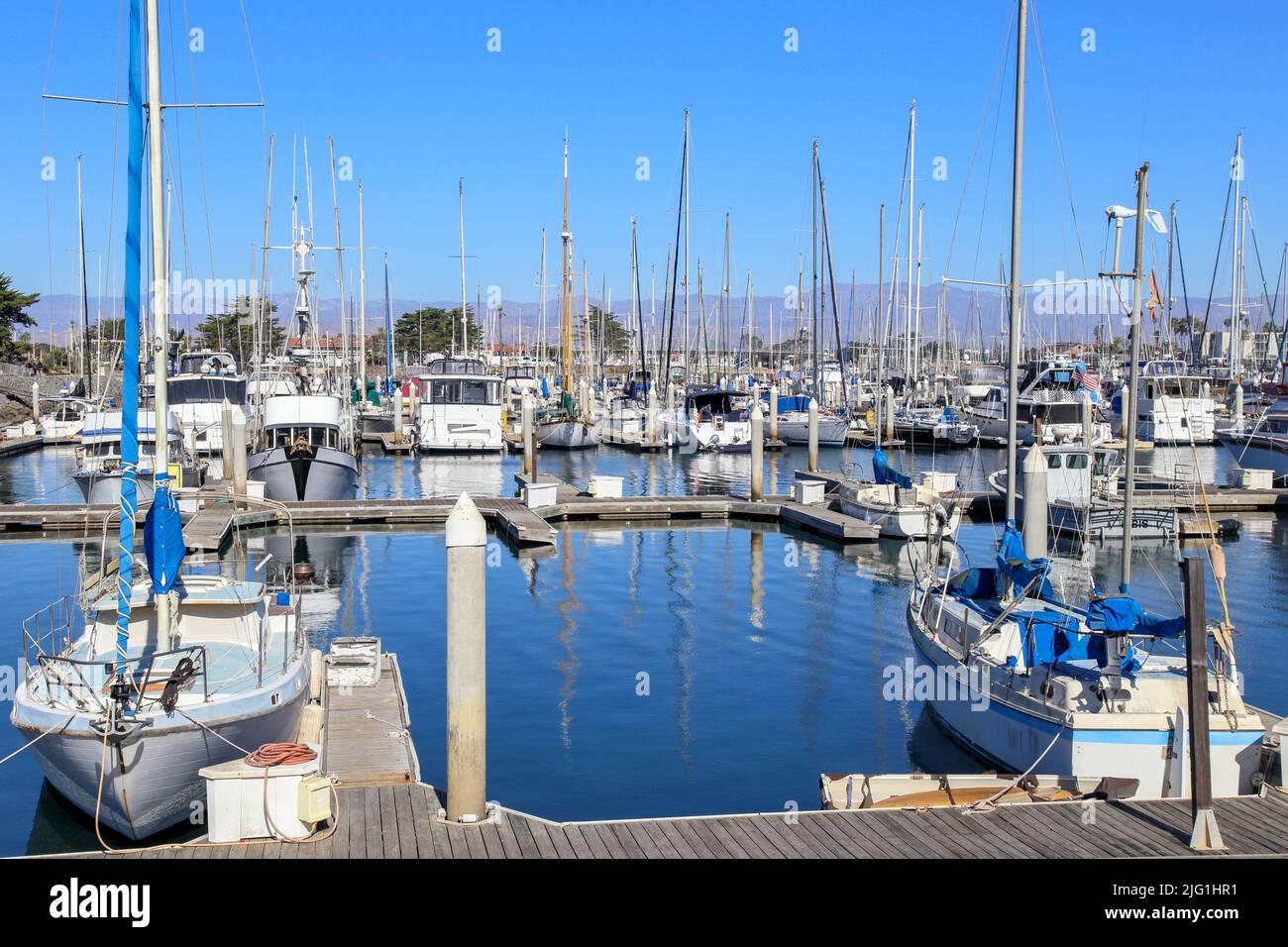 Boats and yachts at Vintage Marina in Oxnard, California on a sunny afternoon Stock Photo