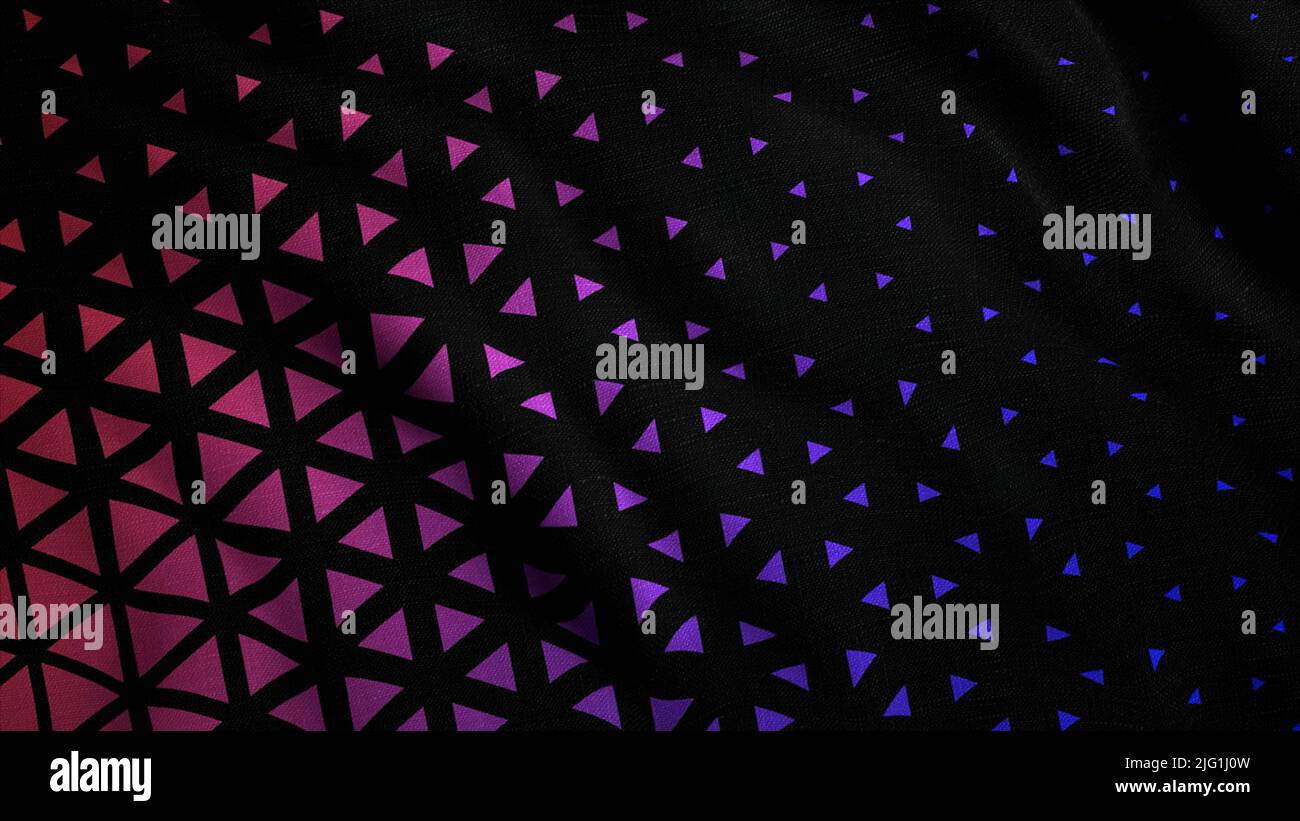 Wavy silky soft fabric with pink triangles on a black background. Motion. Rippling cloth texture with geometric pattern Stock Photo