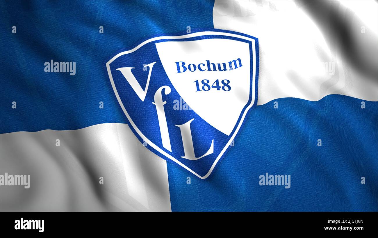 German association football club based in the city of Bochum, flag with emblem. Motion. Blue and white waving VFL Bochum flag logo. For editorial use Stock Photo
