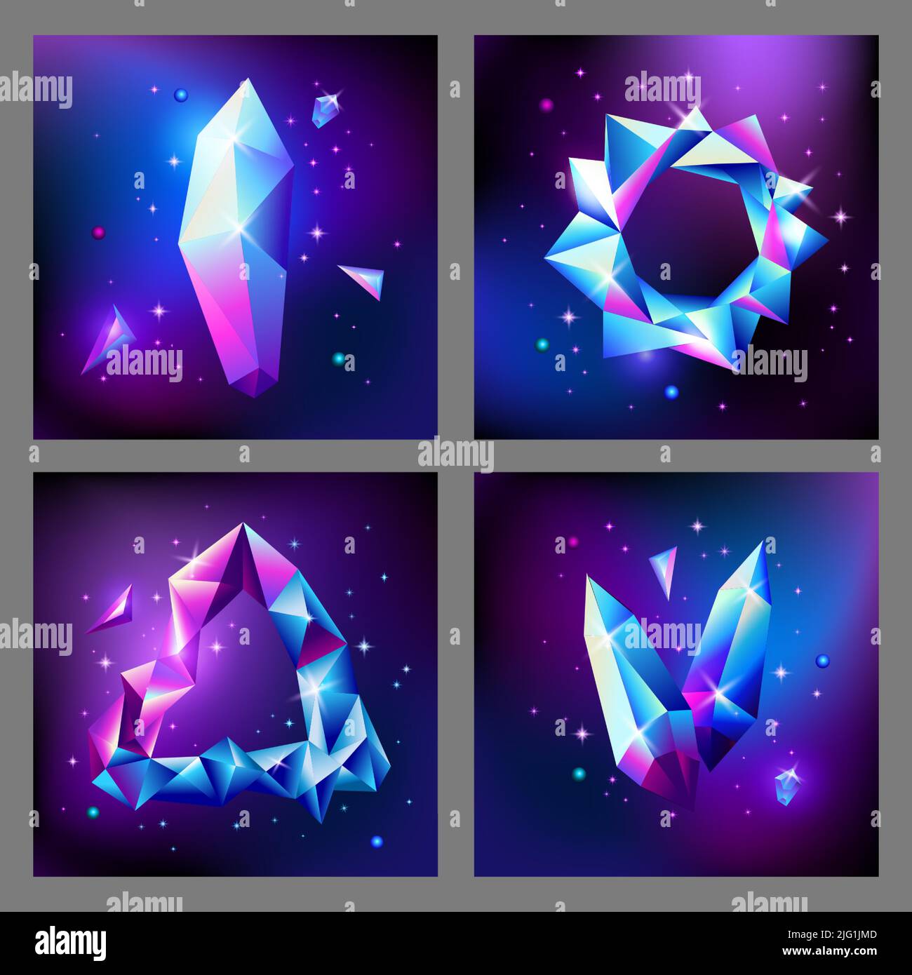 Abstract trendy cosmic poster set with crystal gems frame and pyramid geometric shapes in space. Neon galaxy background. 80s style. Poster with Stock Vector