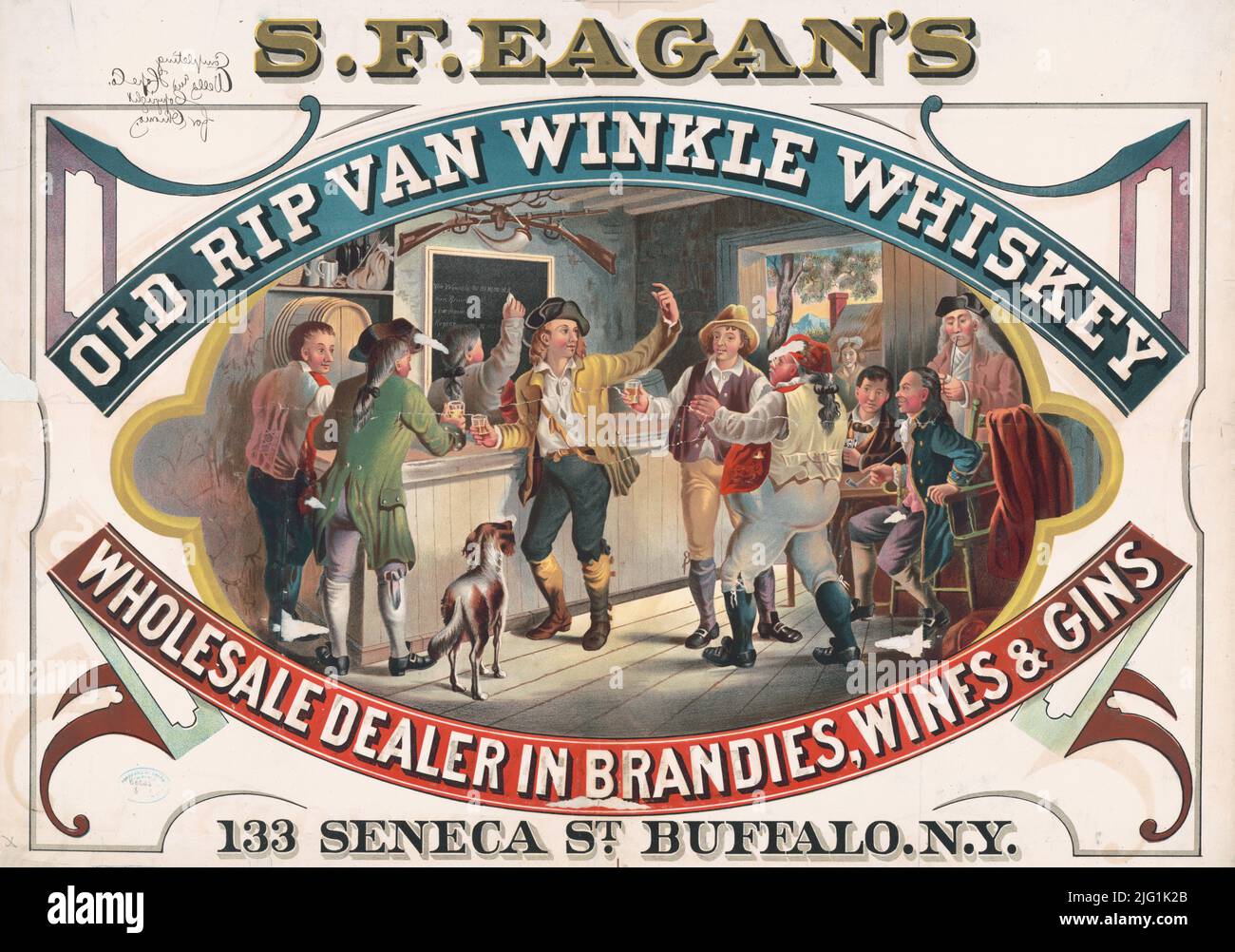 1878 ad for S.F. Eagan’s Old Rip Van Winkle Whiskey, brandies, wines and gins, Buffalo, New York. Lithograph by Wells & Hope Co. Stock Photo