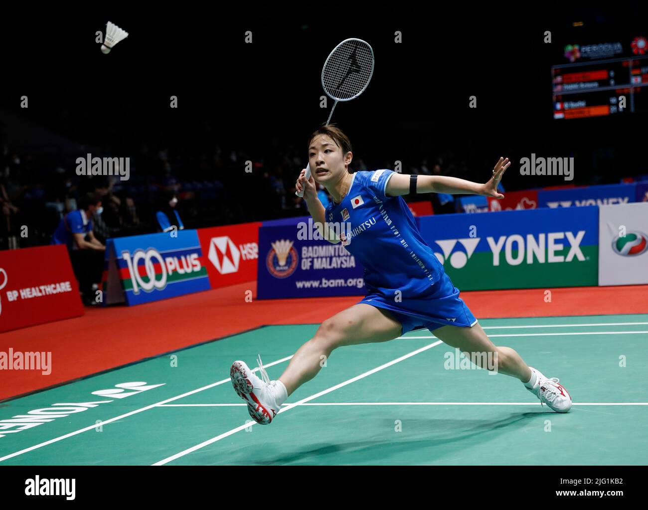 Kuala Lumpur, Malaysia. 06th July, 2022. Nozomi Okuhara of Japan competes against Yvonne Li of Germany during the Women's Single round two match of the Perodua Malaysia Masters 2022 at Axiata Arena, Bukit Jalil. (Photo by Wong Fok Loy/SOPA Images/Sipa USA) Credit: Sipa USA/Alamy Live News Stock Photo