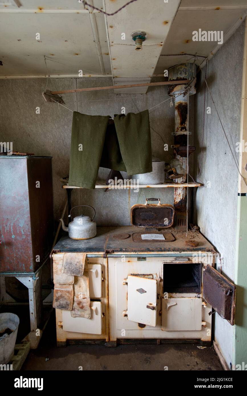 the kitchen at Detaille Island ( Station W ) British Antarctic Survey hut historic site in Antarctica Stock Photo