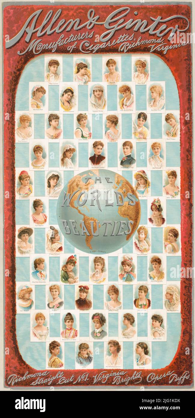 1888 ad for Allen & Ginter manufacturers of cigarettes, Richmond, Virginia, the world's beauties. Lithograph by Geo. S. Harris & Sons Stock Photo