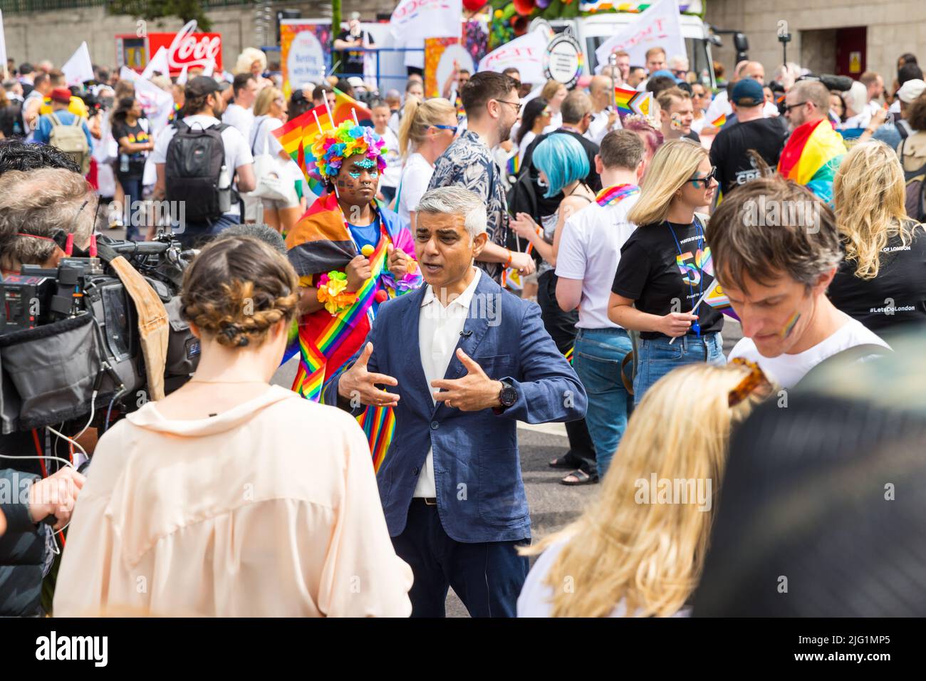 Sadiq Khan, Mayor of London, being interviewed before the Pride in London parade Stock Photo