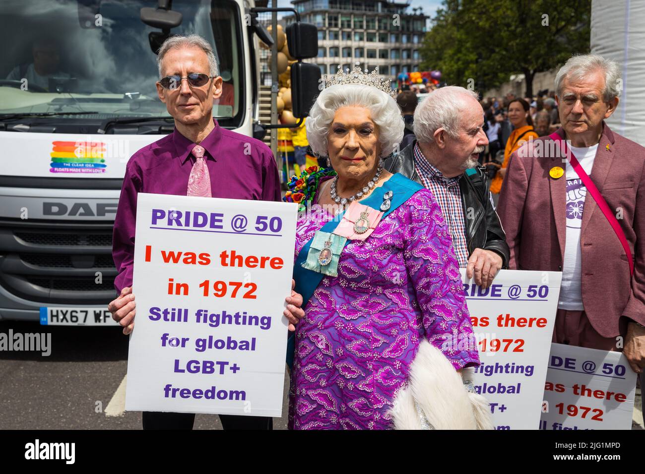 Peter Tatchell and drag queen at the start of the Pride in London parade Stock Photo