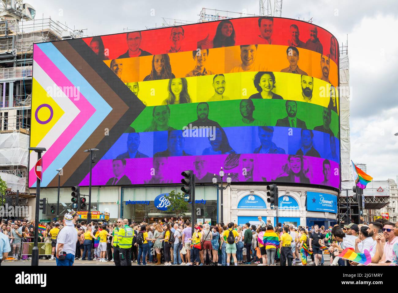 Giant Intersex Progress Flag on the screen in Piccadilly Circus during Pride in London 2022 Stock Photo