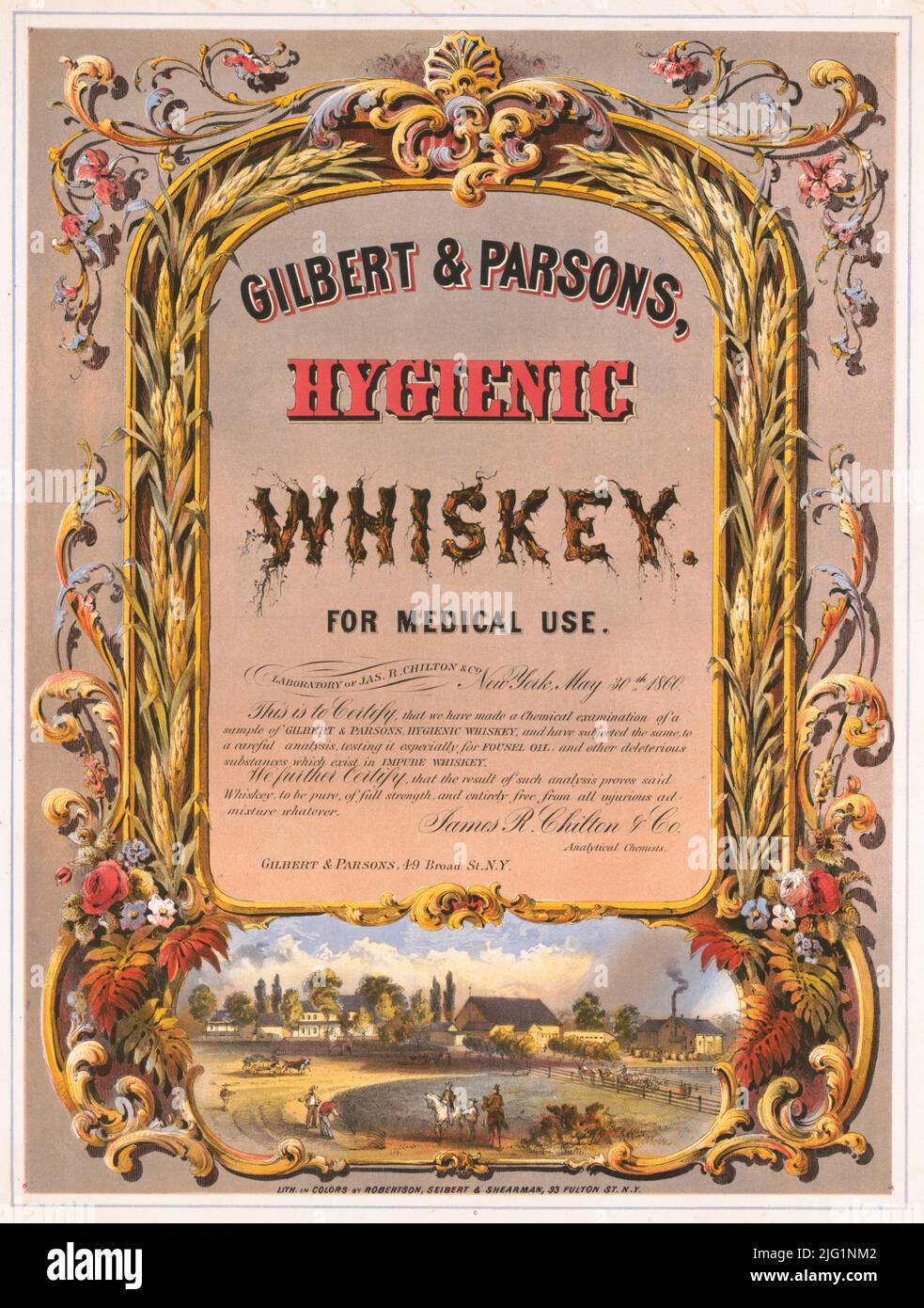 1860 ad for Gilbert & Parsons Hygenic Whiskey for Medical Use, New York. Lithograph by Robertson, Seibert & Shearman Stock Photo