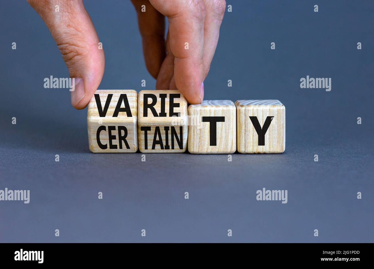 Variety or certainty symbol. Concept words Variety or certainty on wooden cubes. Businessman hand. Beautiful grey table grey background. Business vari Stock Photo