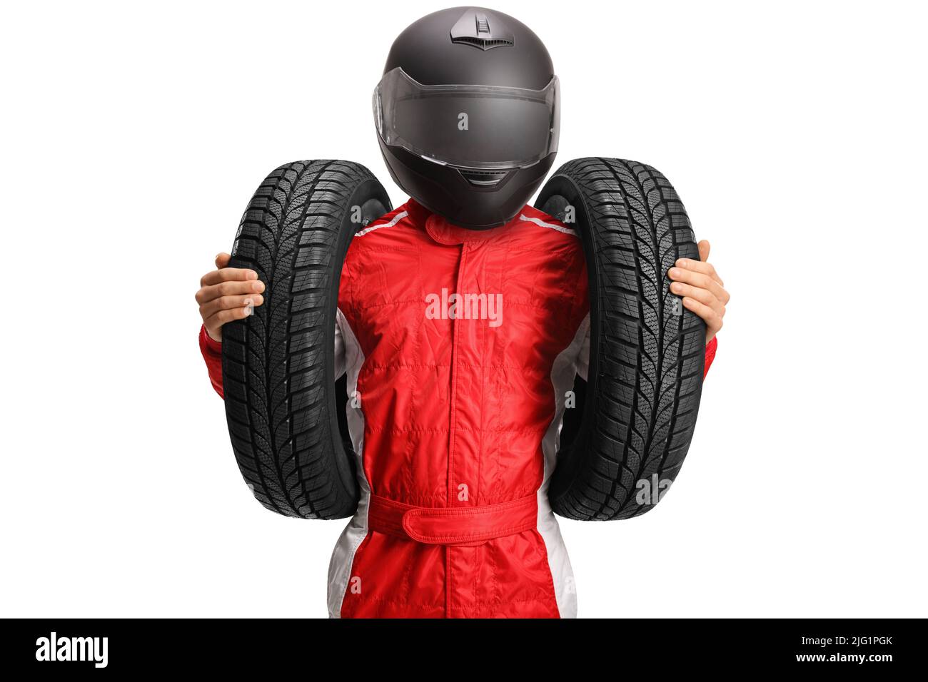 Racer with a helmet holding car tires isolated on white background Stock Photo