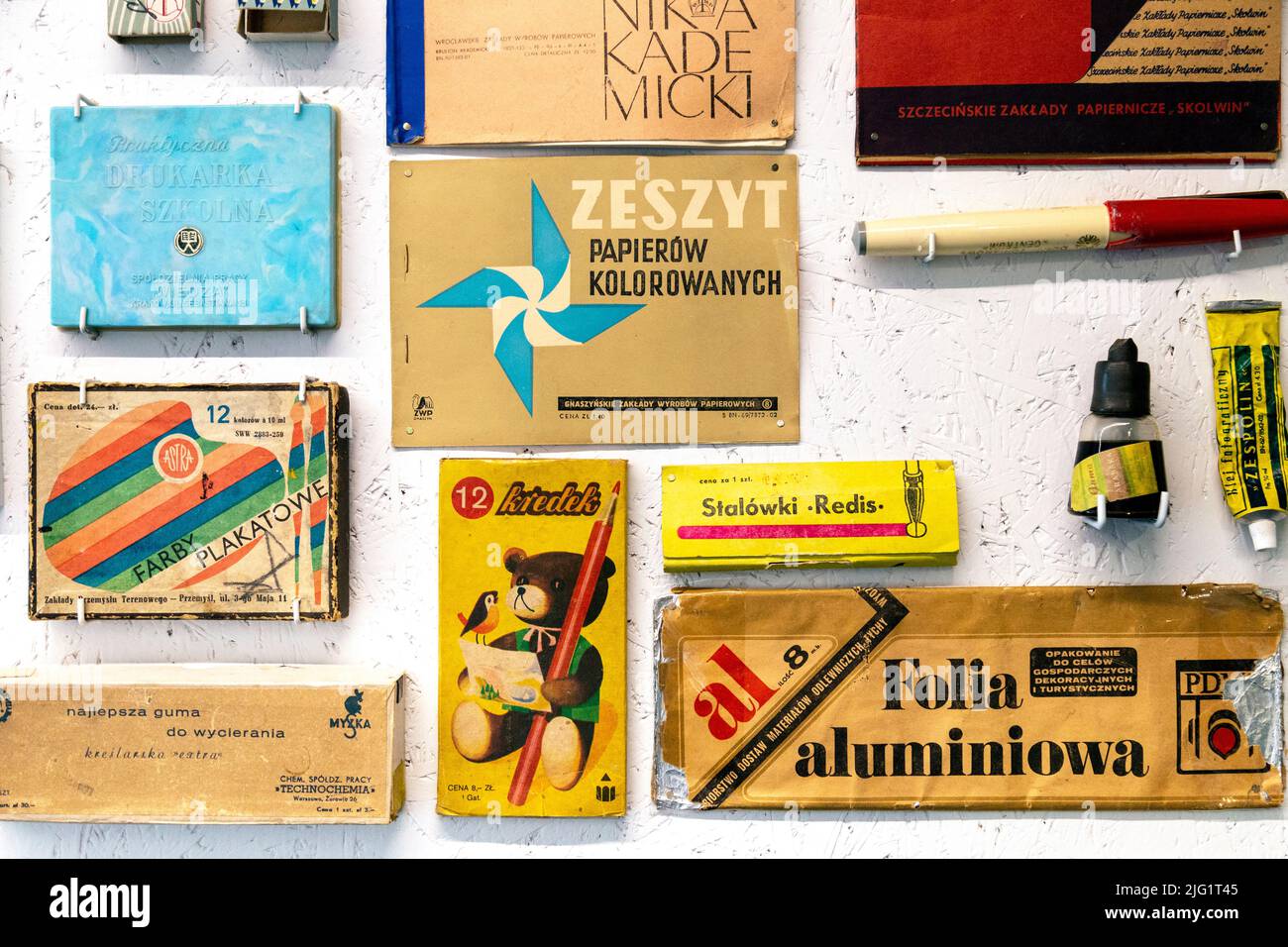 Selection of art stationary from communist era at the Museum of Life in the Polish People's Republic (Muzeum Życia w PRL), Warsaw, Poland Stock Photo