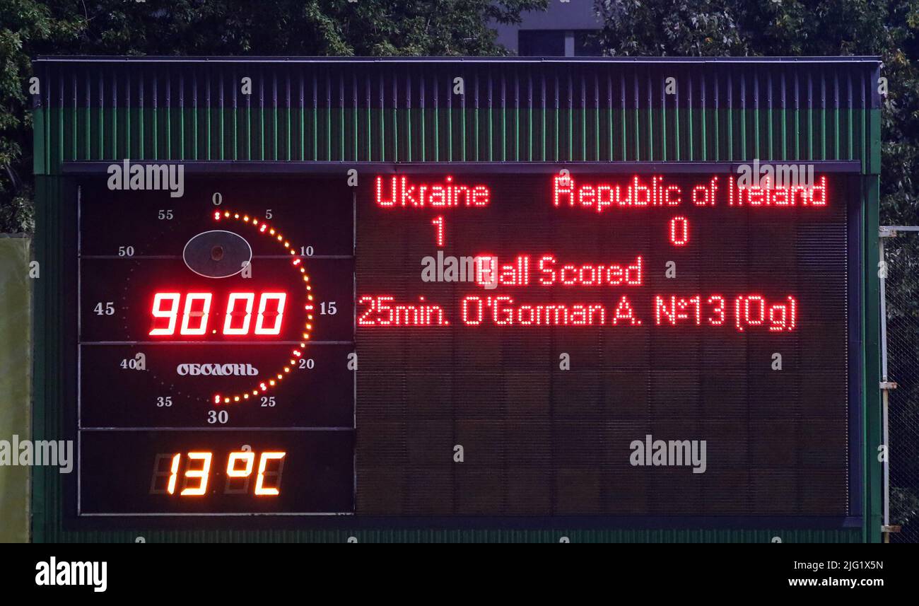 KYIV, UKRAINE - OCTOBER 23, 2020: Final score of the UEFA Womens EURO 2022 Qualifying game Ukraine v Ireland seen on the scoreboard of Obolon Arena in Kyiv. Ukraine won 1-0 Stock Photo