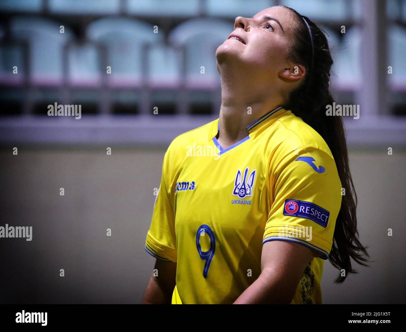 KYIV, UKRAINE - OCTOBER 23, 2020: UEFA Womens EURO 2022 Qualifying game Ukraine v Ireland at Obolon Arena in Kyiv. Nikol Kozlova (#9, UKR) Stock Photo