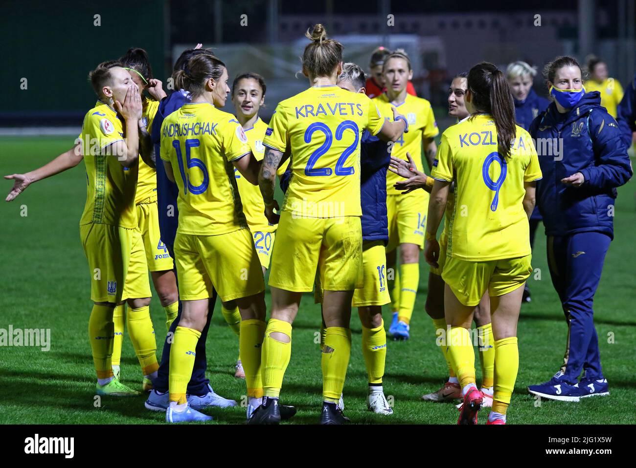 KYIV, UKRAINE - OCTOBER 23, 2020: UEFA Womens EURO 2022 Qualifying game Ukraine v Ireland at Obolon Arena in Kyiv, Ukraine. Ukrainian players celebrate after beating Ireland 1-0 Stock Photo
