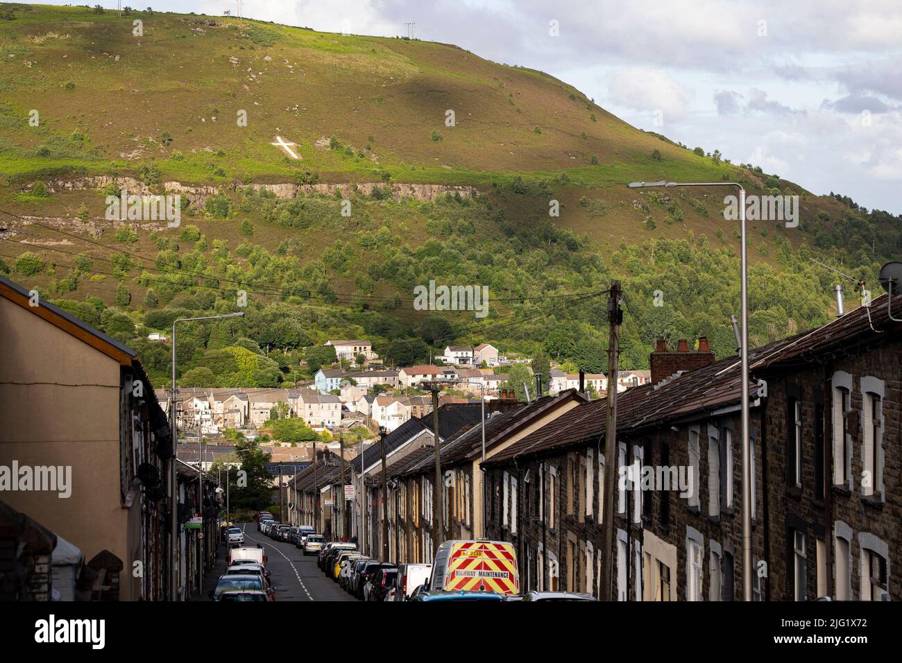 A view of Tonypandy from Clydach Vale in the Rhondda Valley, Wales on