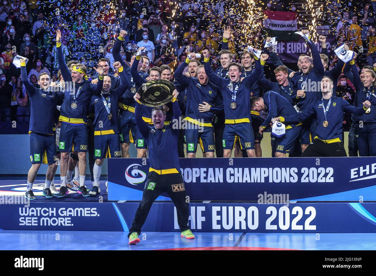 EHF Euro 2022. Final Sweden National Team celebrates the Gold Medal with goalkeeper Andreas