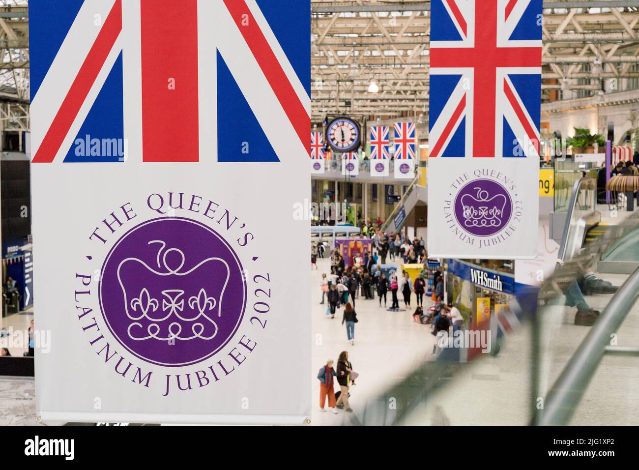 Waterloo railway station decorated with union jacks during Platinum