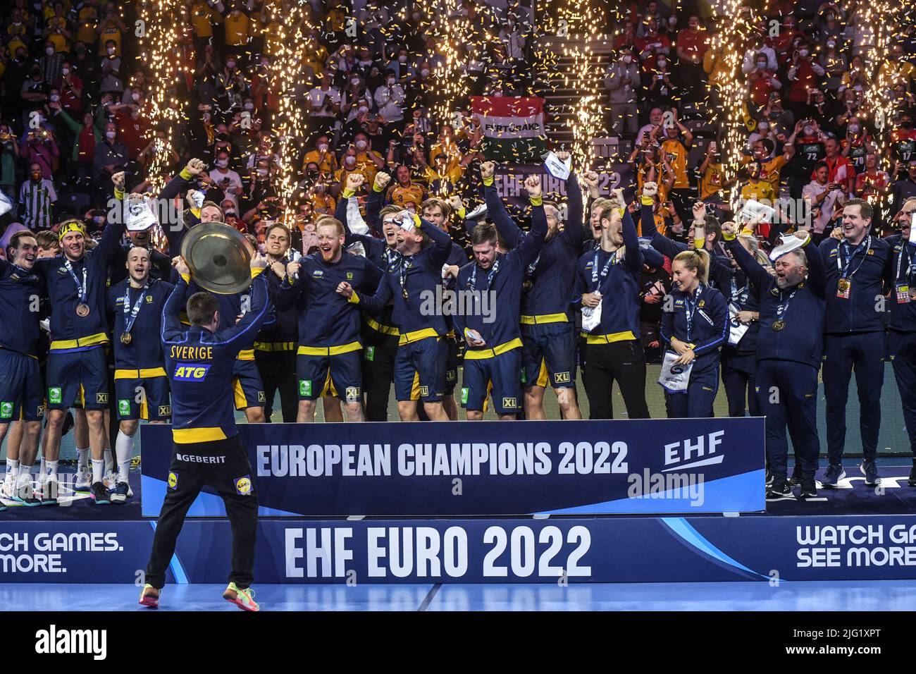 EHF Euro 2022. Final Sweden National Team celebrates the Gold Medal with goalkeeper Andreas