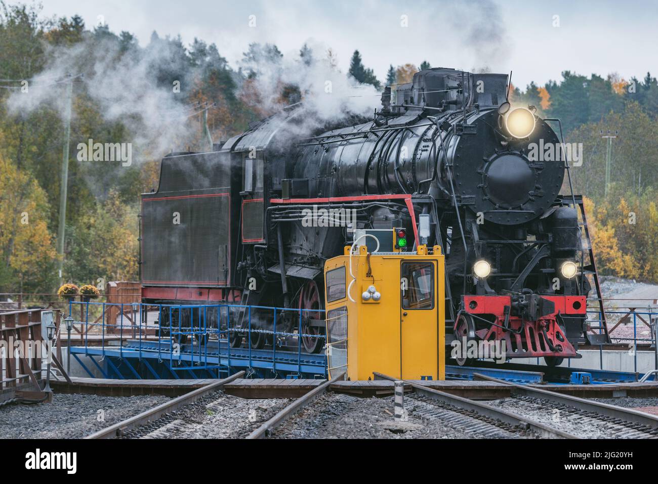 Retro steam locomotive at the turning circle. Stock Photo