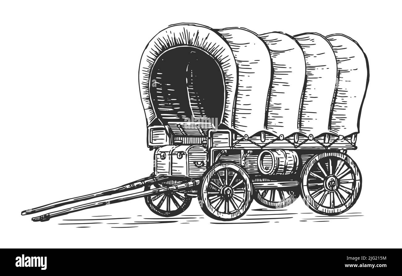Covered Wagon. Vintage transport old carriage sketch. Wild West concept drawn in engraving style. Vector illustration Stock Vector