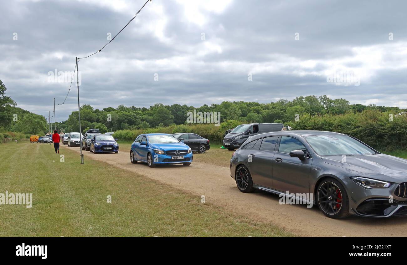 Queues to leave the Silverstone Woodlands camping site, Silverstone, Towcester, Northamptonshire, England, UK,  NN12 8TN Stock Photo