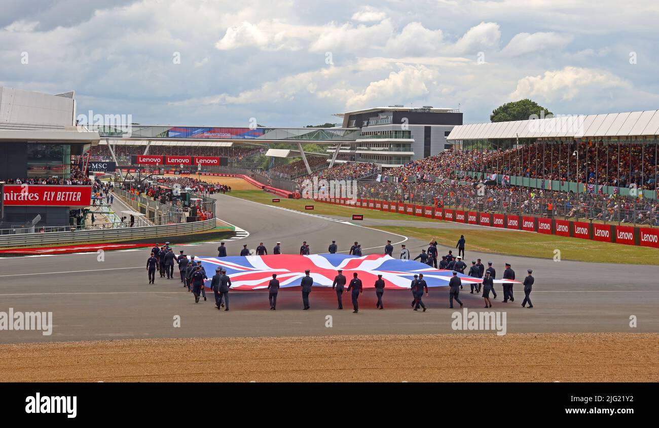 Introduction to the British F1 Grand Prix, bands and national anthem, Silverstone circuit, Silverstone,Towcester, Northamptonshire,England, UK,NN12 8T Stock Photo