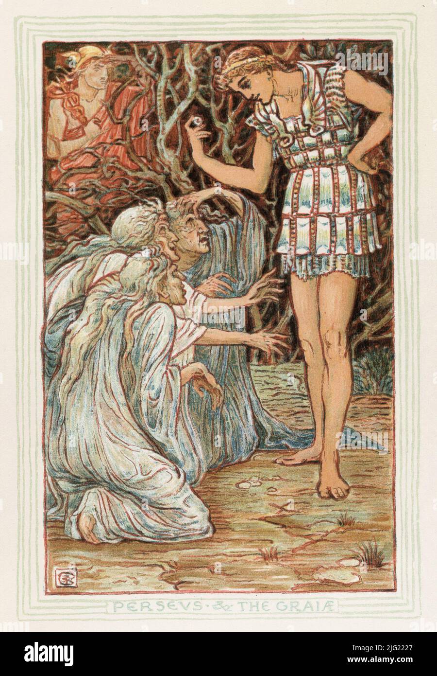 Perseus and The Graia. Illustration by Walter Crane from A Wonder-Book for Girls and Boys (1893) by Nathaniel Hawthorne Stock Photo