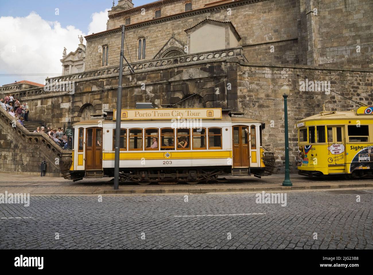 Sightseeing Trolley cars in Porto, Portugal, Europe. Stock Photo