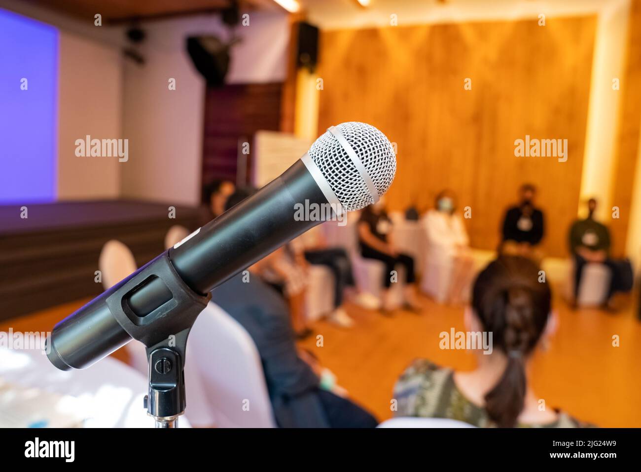 microphone is on microphone stand in seminar meeting room for everyone